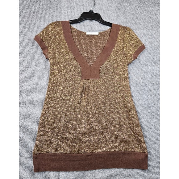 Charlotte Russe Sweaters - Charlotte Russe Brown Gold Metallic Knit V-Neck Short Sleeve Sweater Top Y2k